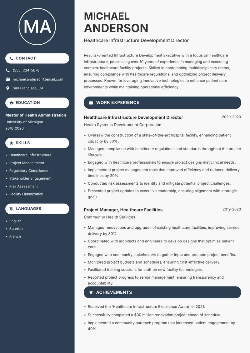Infrastructure Development Executive resume sample — Healthcare Infrastructure Development Director focus