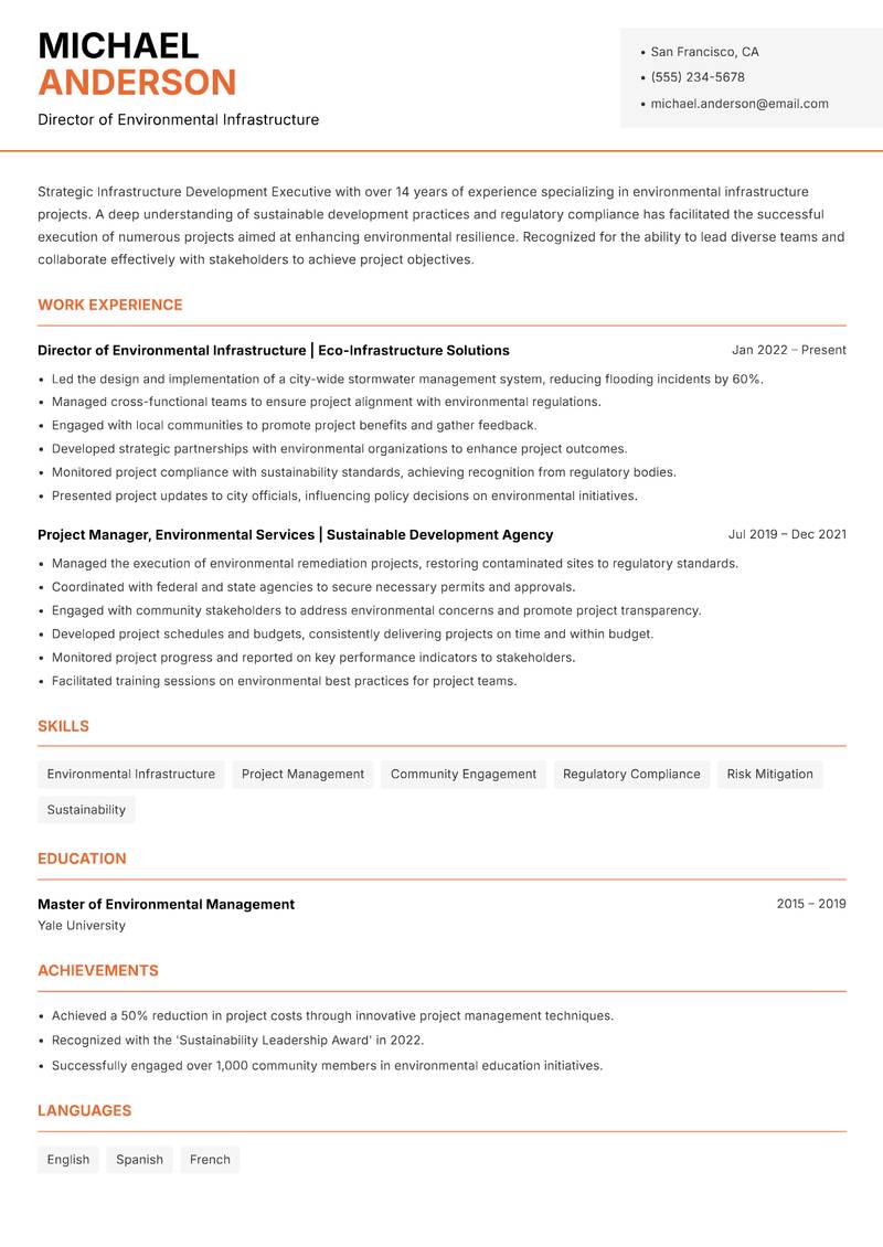 Infrastructure Development Executive resume sample — Director of Environmental Infrastructure focus