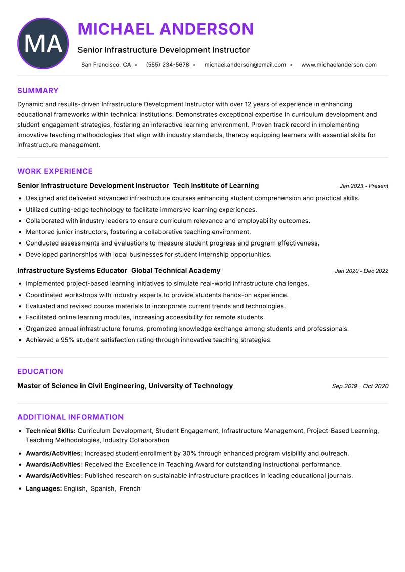 Infrastructure Development Instructor resume example