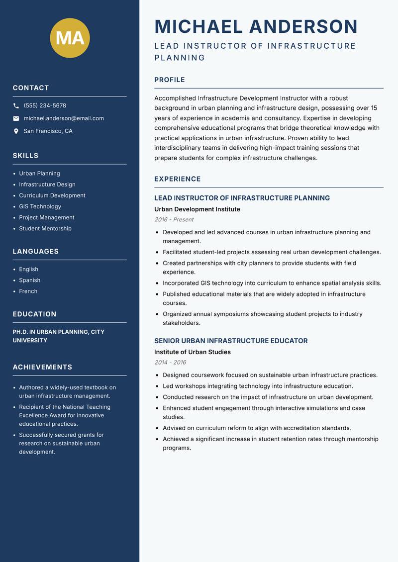 Infrastructure Development Instructor resume sample — Lead Instructor of Infrastructure Planning focus