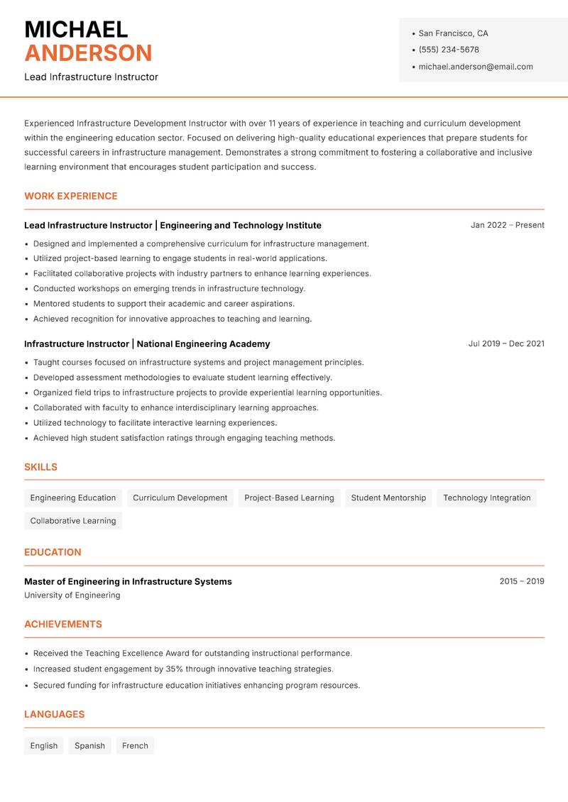 Infrastructure Development Instructor resume sample — Lead Infrastructure Instructor focus
