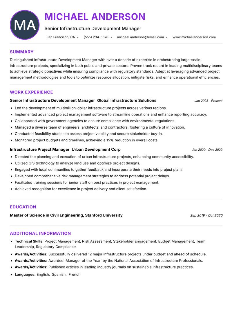 Infrastructure Development Manager resume example