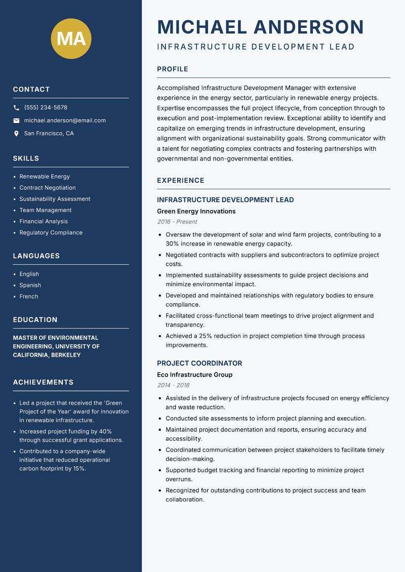 Infrastructure Development Manager resume sample — Infrastructure Development Lead focus