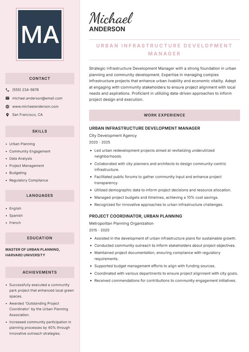 Infrastructure Development Manager resume sample — Urban Infrastructure Development Manager focus