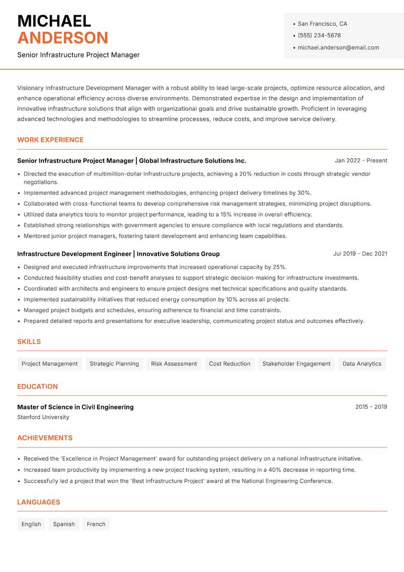 Infrastructure Development Manager resume sample — Senior Infrastructure Project Manager focus