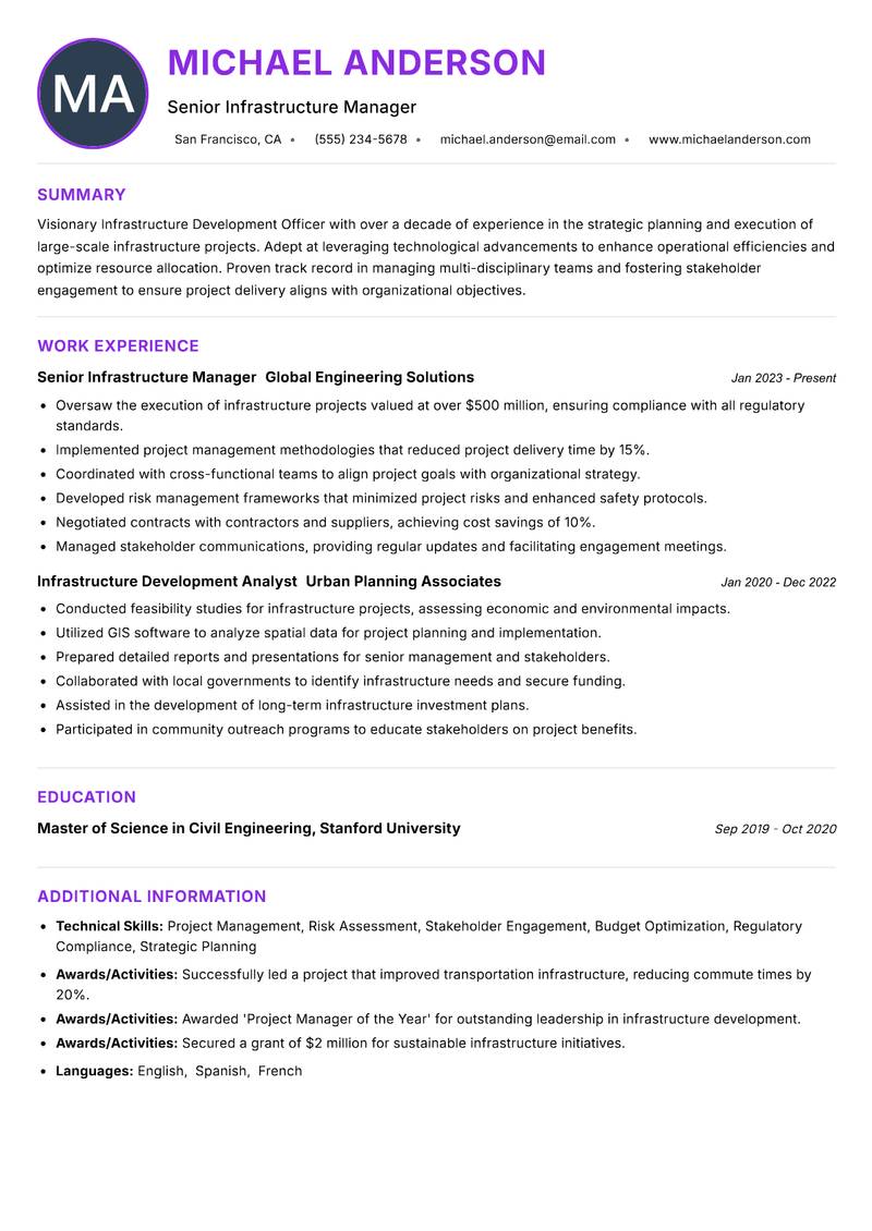 Infrastructure Development Officer resume example