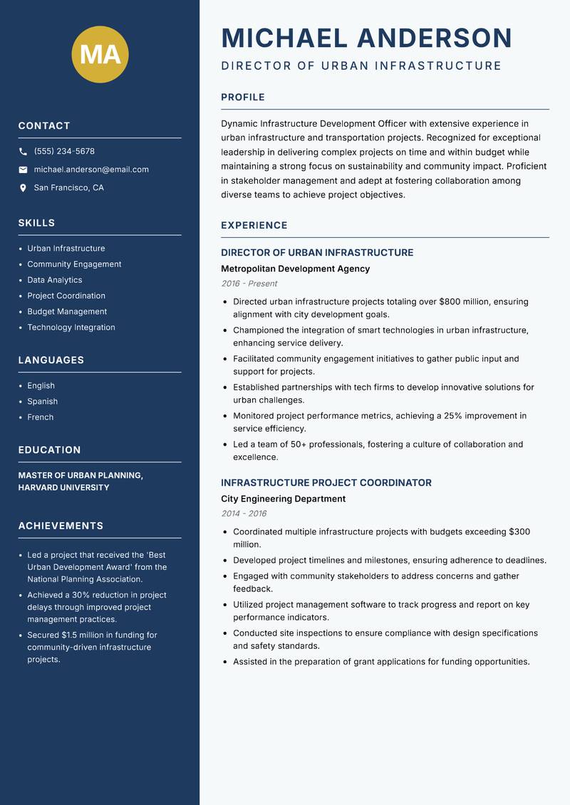 Infrastructure Development Officer resume sample — Director of Urban Infrastructure focus