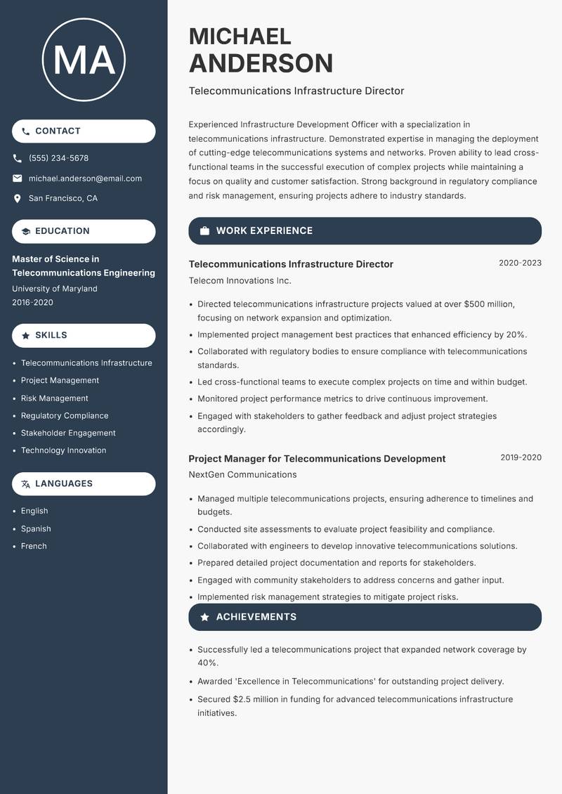 Infrastructure Development Officer resume sample — Telecommunications Infrastructure Director focus
