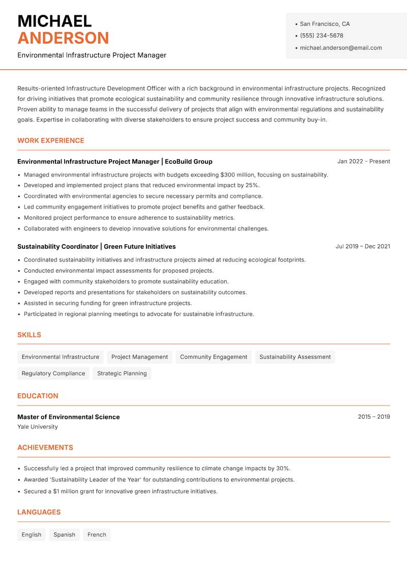 Infrastructure Development Officer resume sample — Environmental Infrastructure Project Manager focus