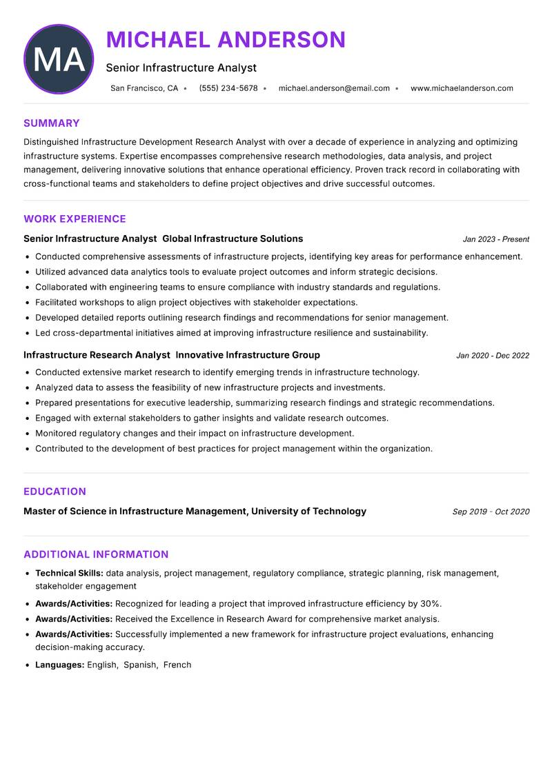 Infrastructure Development Research Analyst resume example