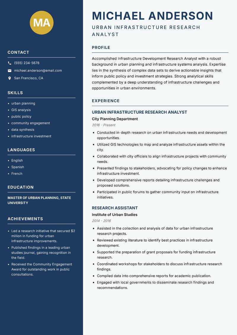 Infrastructure Development Research Analyst resume sample — Urban Infrastructure Research Analyst focus