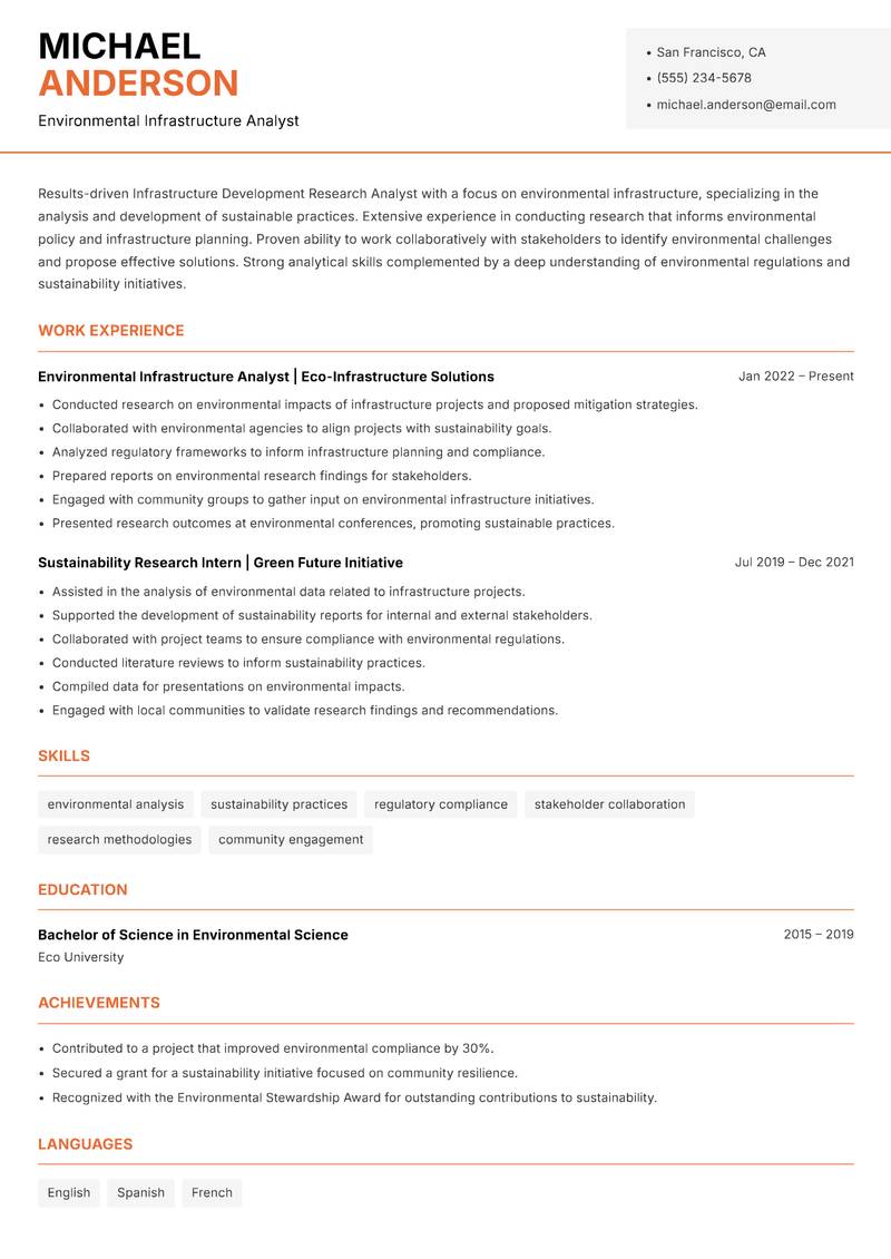 Infrastructure Development Research Analyst resume sample — Environmental Infrastructure Analyst focus