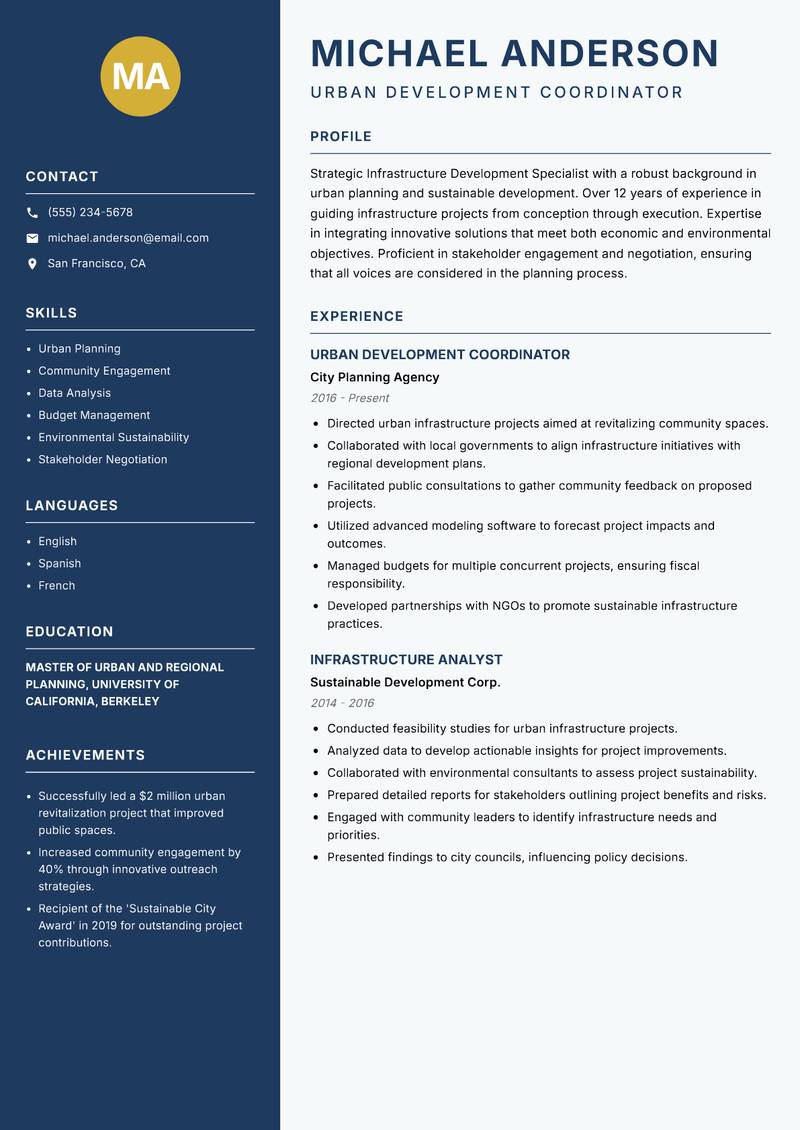 Infrastructure Development Specialist resume sample — Urban Development Coordinator focus