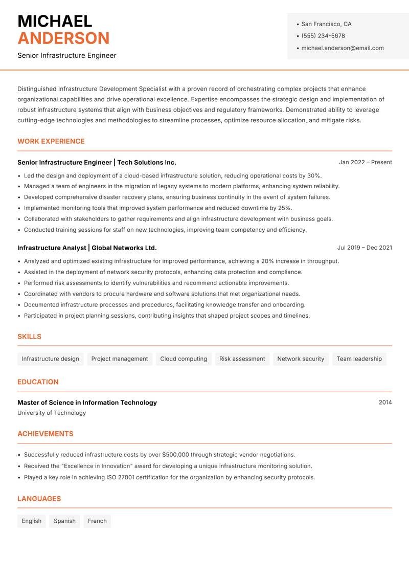 Infrastructure Development Specialist resume sample — Senior Infrastructure Engineer focus