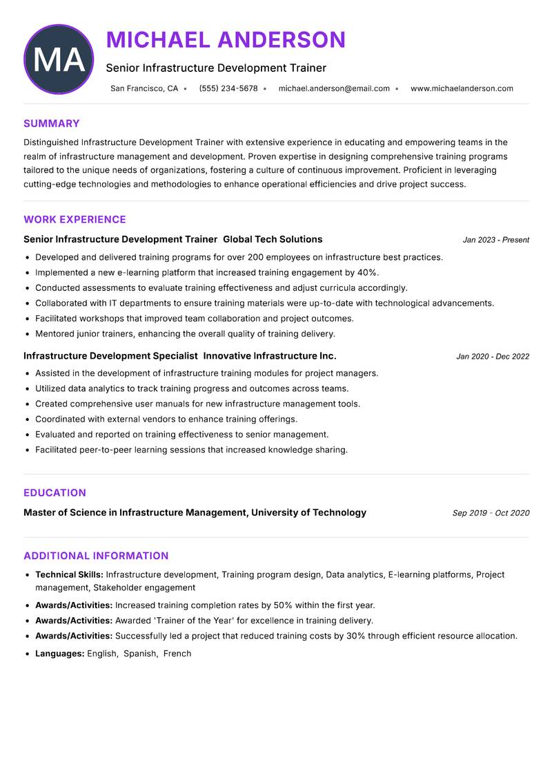 Infrastructure Development Trainer resume example