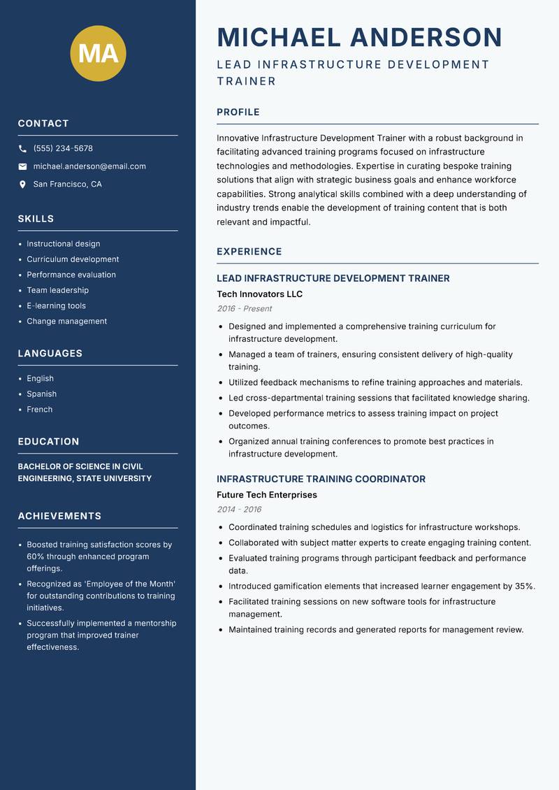 Infrastructure Development Trainer resume sample — Lead Infrastructure Development Trainer focus