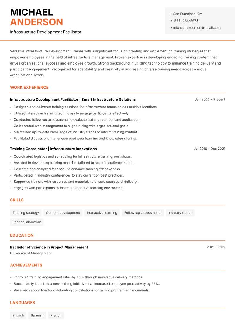 Infrastructure Development Trainer resume sample — Infrastructure Development Facilitator focus