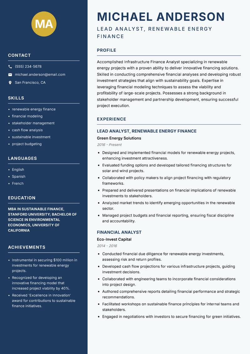 Infrastructure Finance Analyst resume sample — Lead Analyst, Renewable Energy Finance focus