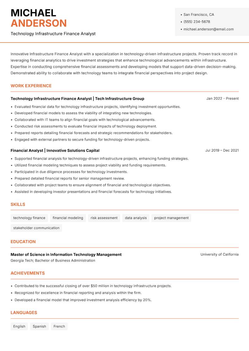 Infrastructure Finance Analyst resume sample — Technology Infrastructure Finance Analyst focus