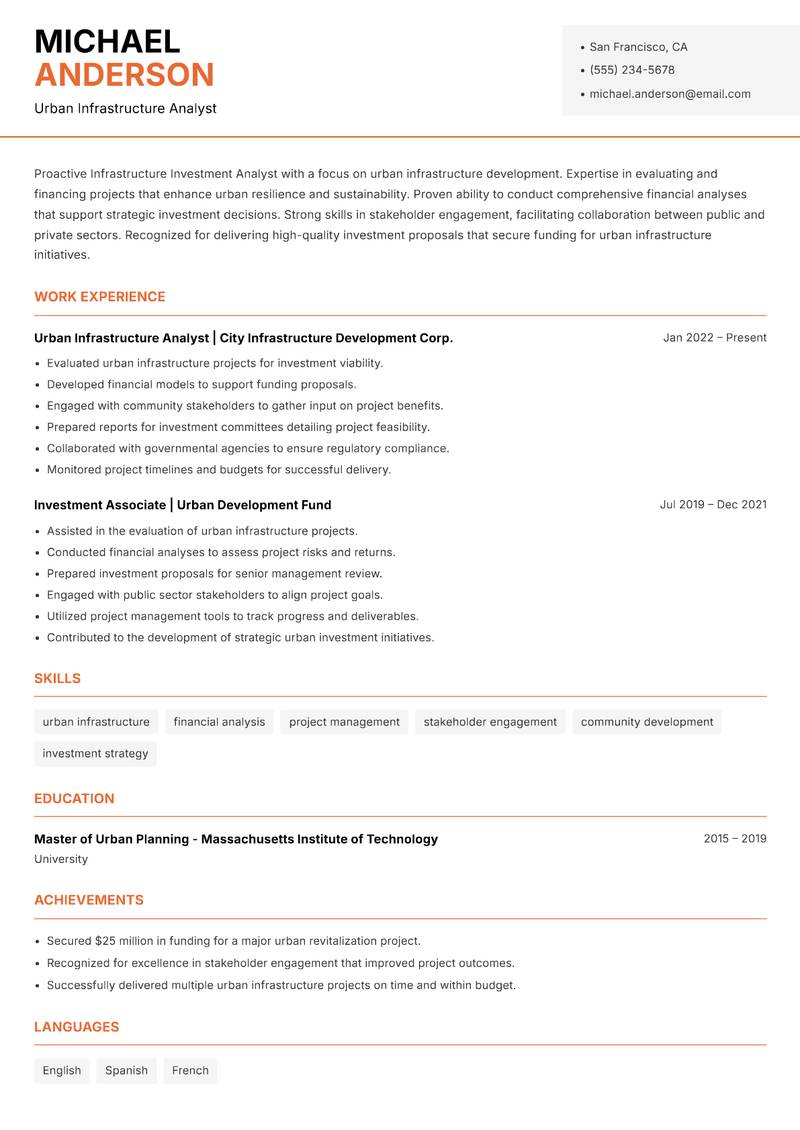 Infrastructure Investment Analyst resume sample — Urban Infrastructure Analyst focus