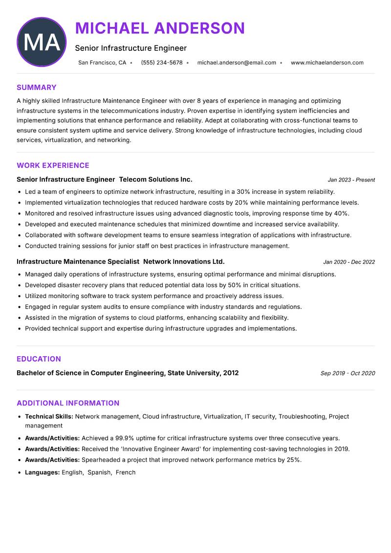 Infrastructure Maintenance Engineer resume example