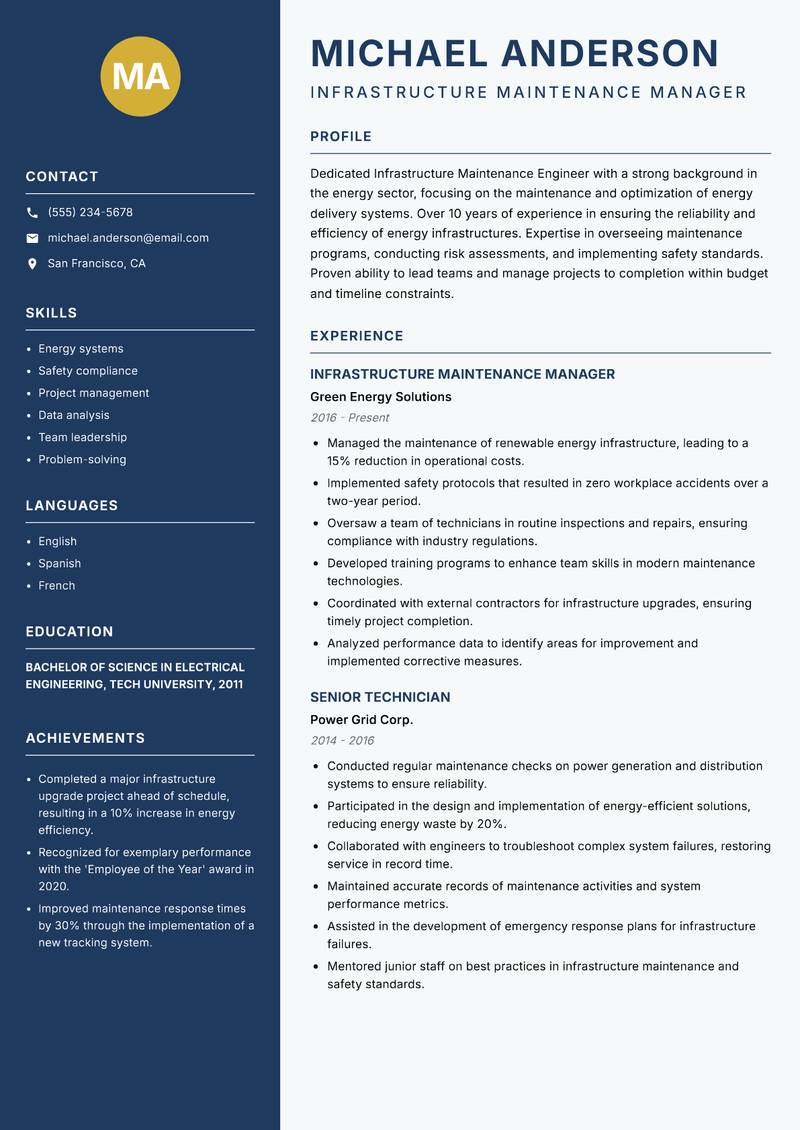 Infrastructure Maintenance Engineer resume sample — Infrastructure Maintenance Manager focus