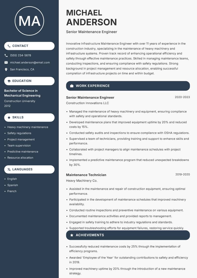 Infrastructure Maintenance Engineer resume sample — Senior Maintenance Engineer focus