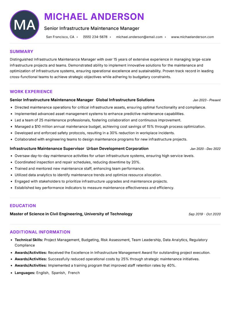 Infrastructure Maintenance Manager resume example