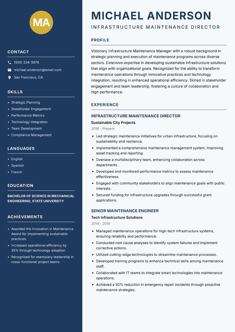 Infrastructure Maintenance Manager resume sample — Infrastructure Maintenance Director focus