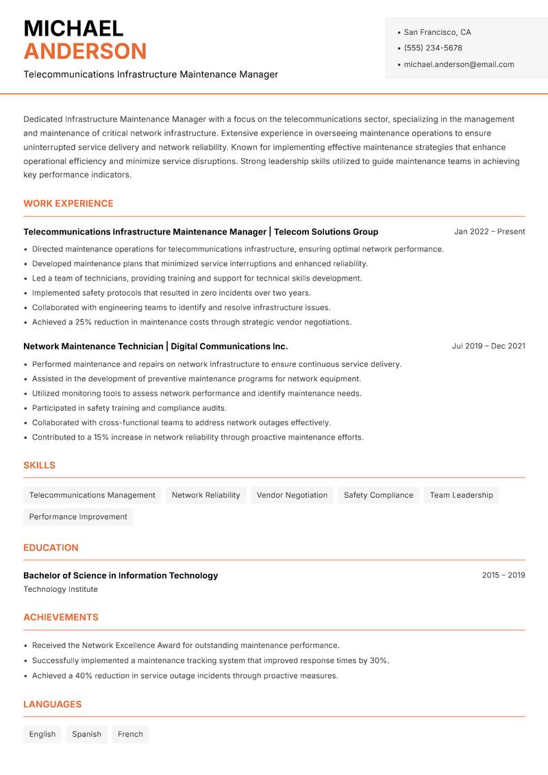 Infrastructure Maintenance Manager resume sample — Telecommunications Infrastructure Maintenance Manager focus