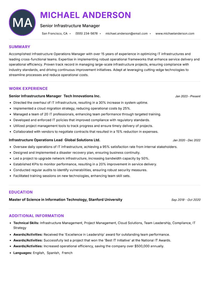 Infrastructure Operations Manager resume example
