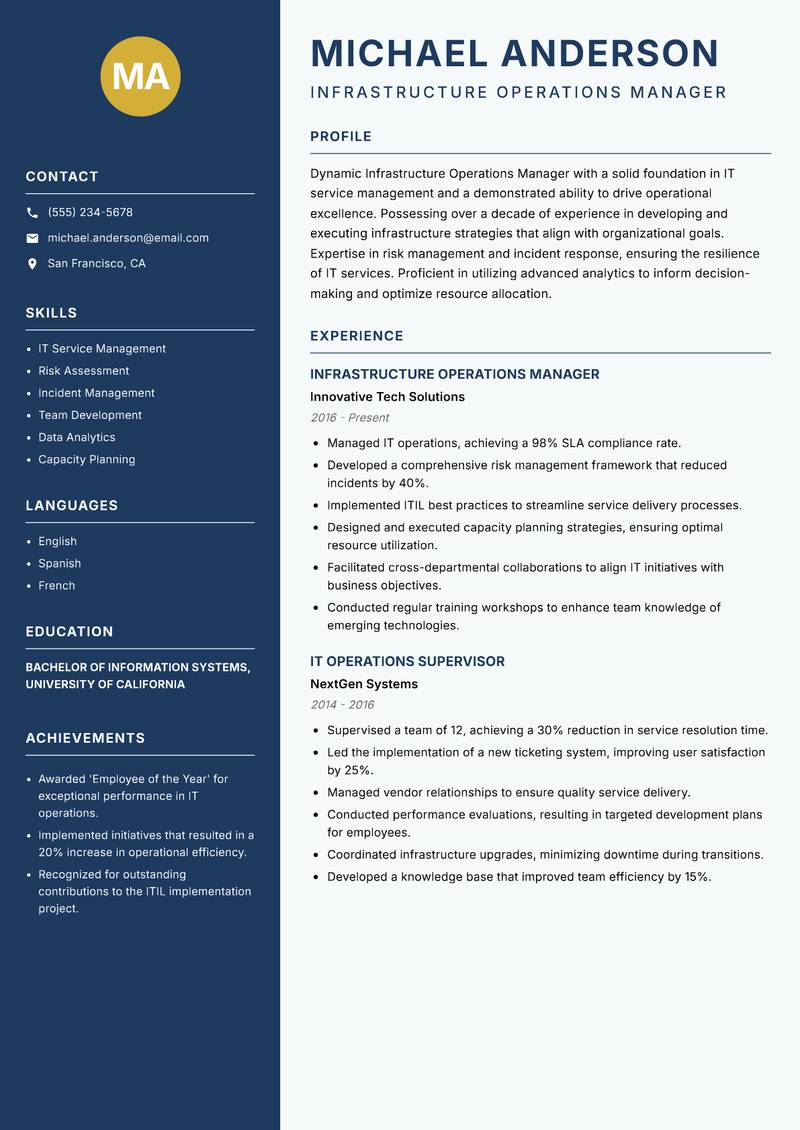 Infrastructure Operations Manager resume sample — Infrastructure Operations Manager focus