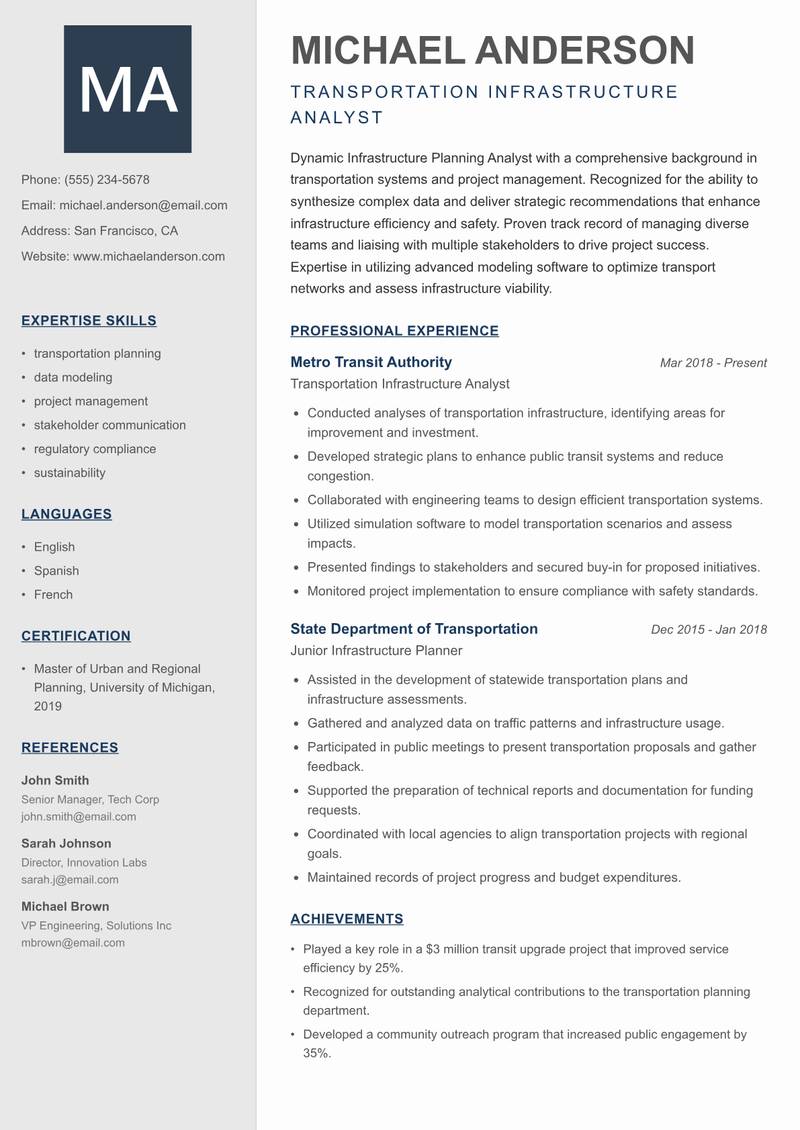 Infrastructure Planning Analyst resume sample — Transportation Infrastructure Analyst focus