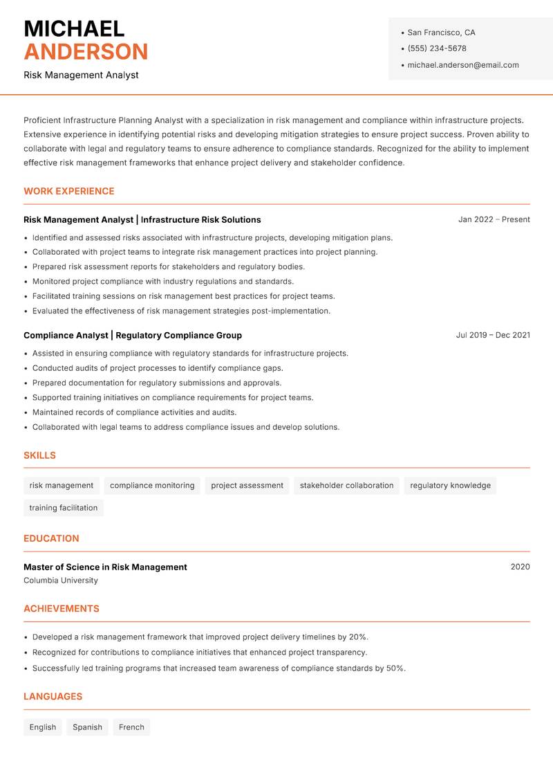 Infrastructure Planning Analyst resume sample — Risk Management Analyst focus