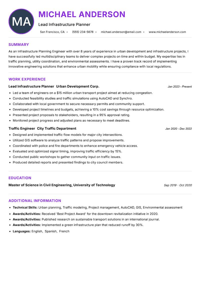 Infrastructure Planning Engineer resume example