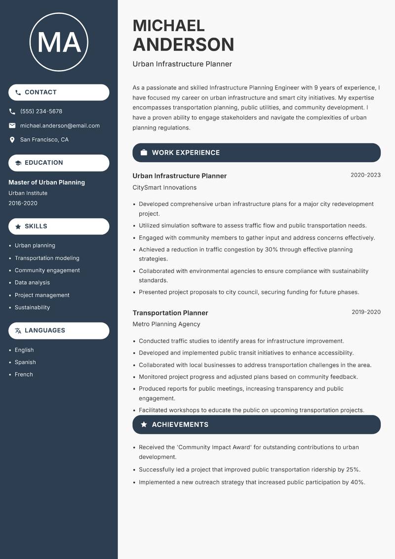Infrastructure Planning Engineer resume sample — Urban Infrastructure Planner focus