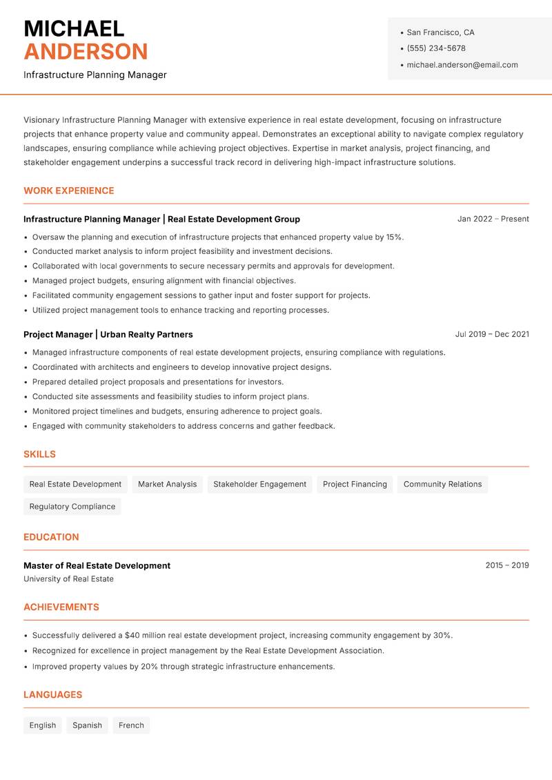 Infrastructure Planning Manager resume sample — Infrastructure Planning Manager focus