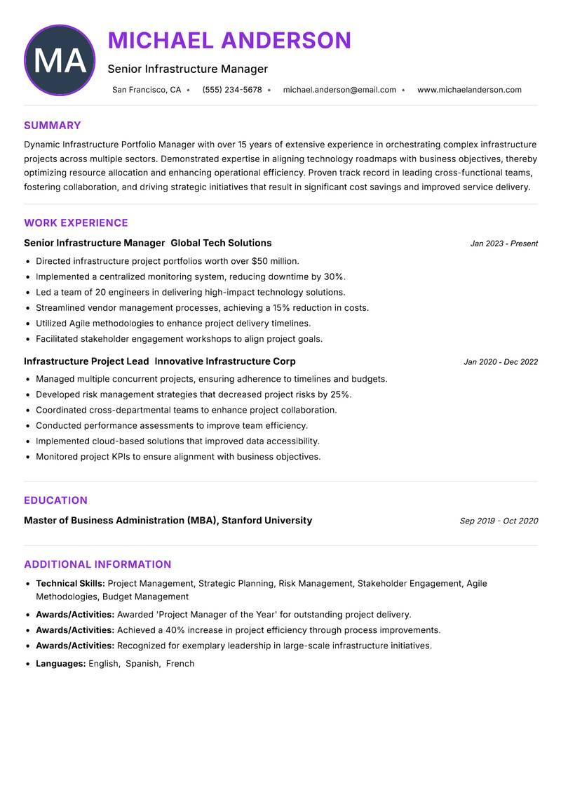 Infrastructure Portfolio Manager resume example