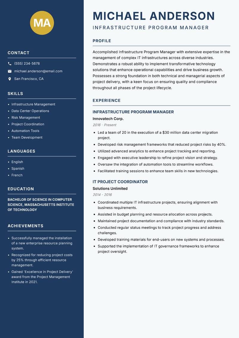 Infrastructure Program Manager resume sample — Infrastructure Program Manager focus