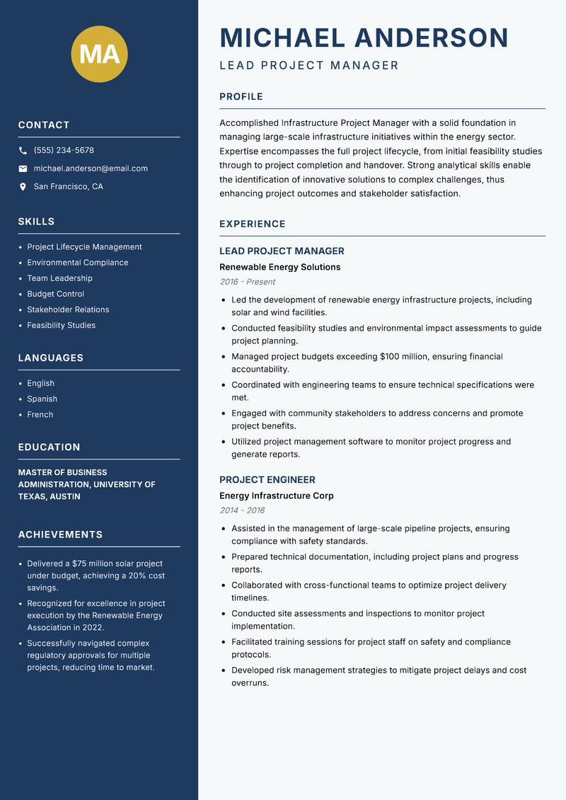 Infrastructure Project Manager resume sample — Lead Project Manager focus