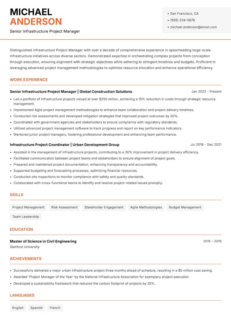 Infrastructure Project Manager resume sample — Senior Infrastructure Project Manager focus