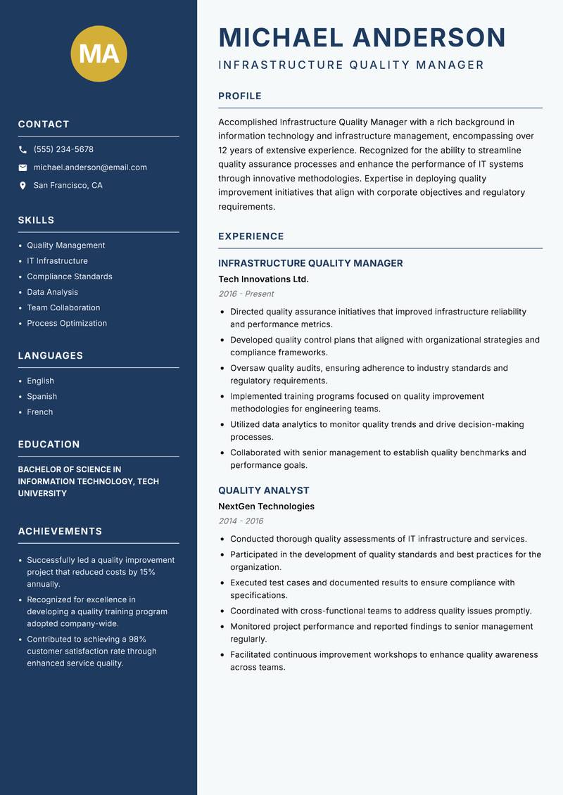Infrastructure Quality Manager resume sample — Infrastructure Quality Manager focus