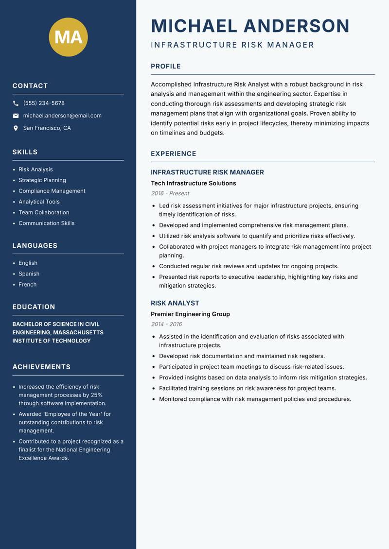 Infrastructure Risk Analyst resume sample — Infrastructure Risk Manager focus
