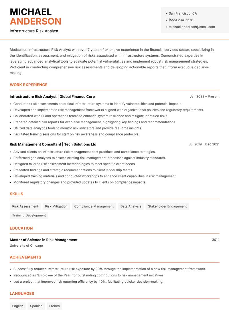 Infrastructure Risk Analyst resume sample — Infrastructure Risk Analyst focus