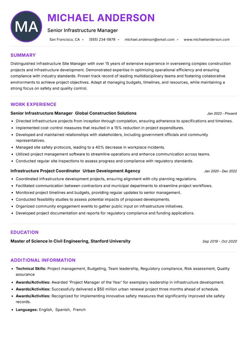 Infrastructure Site Manager resume example