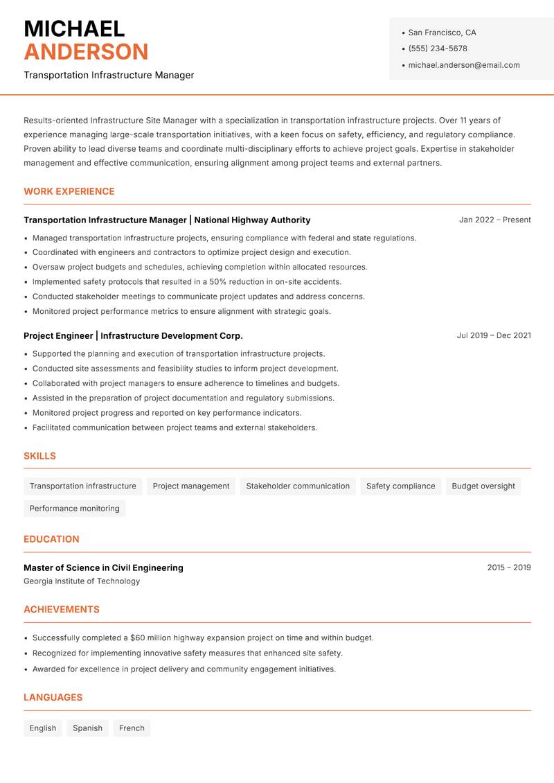 Infrastructure Site Manager resume sample — Transportation Infrastructure Manager focus