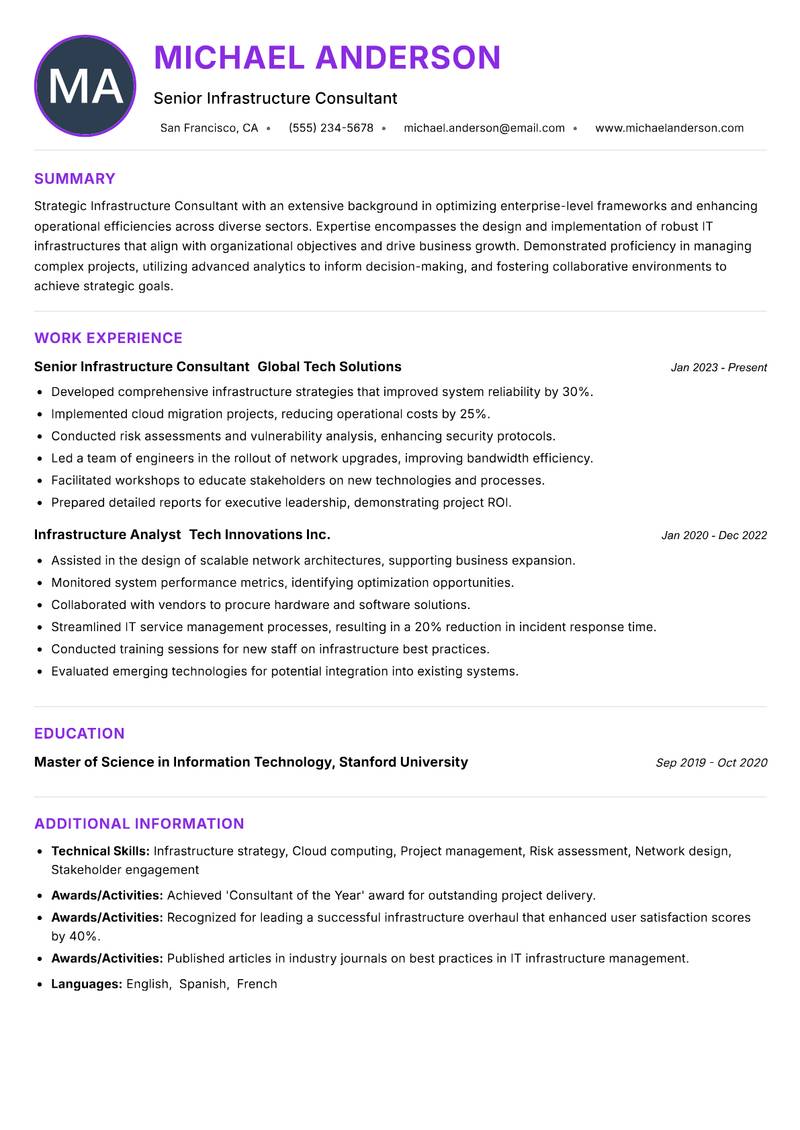 Infrastructure Strategy Consultant resume example