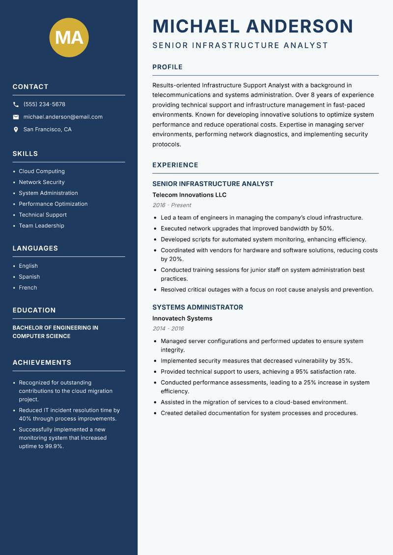 Infrastructure Support Analyst resume sample — Senior Infrastructure Analyst focus