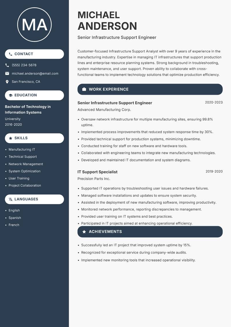 Infrastructure Support Analyst resume sample — Senior Infrastructure Support Engineer focus