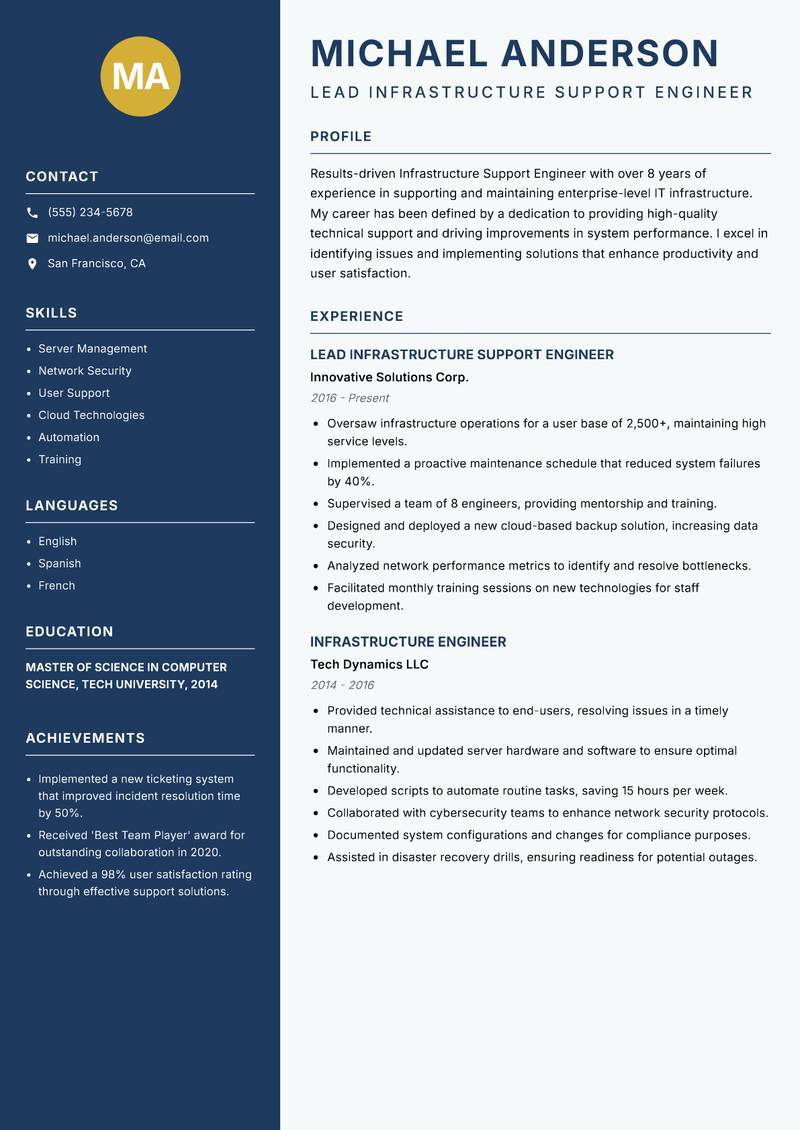 Infrastructure Support Engineer resume sample — Lead Infrastructure Support Engineer focus